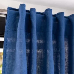 Rideau à passants cachés en lin lavé finition surpiqure 140x260cm - bleu