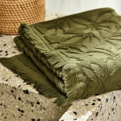 Serviette de toilette en coton motif floral 50x100cm - vert mousse