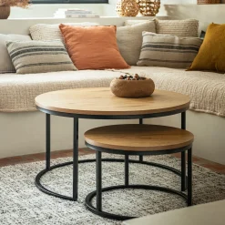 Set de 2 tables basses gigognes en bois et métal - bois clair