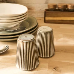 Set de salière et poivrière en grès strié D7cm - gris