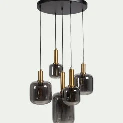 Suspension en acier à 5 globes E27 en verre fumé H218cm - noir