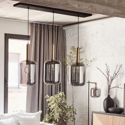 Suspension en acier à 3 globes en verre fumé - noir