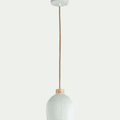 Suspension électrifiée en porcelaine striée D14,8cm - blanc