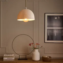 Suspension électrifiée en porcelaine striée D24cm - blanc