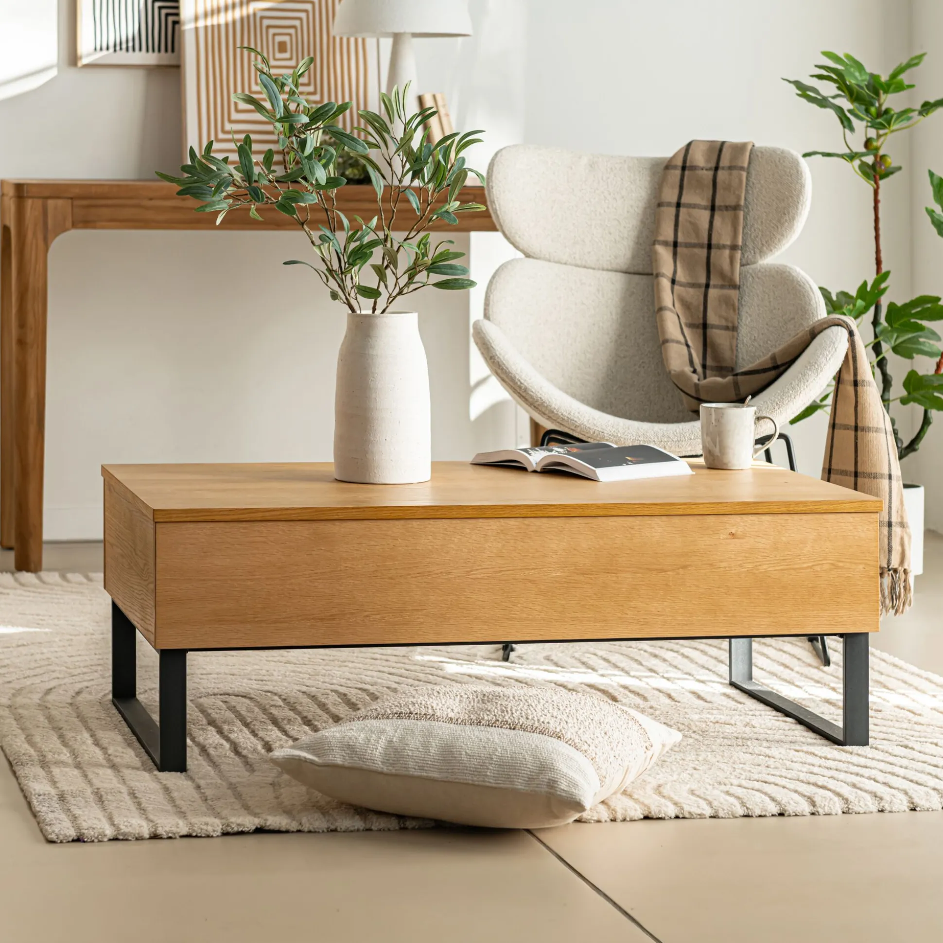 Table basse avec plateau relevable en bois L110cm - bois clair