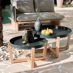 Table basse de jardin en acier et acacia D84cm - noir