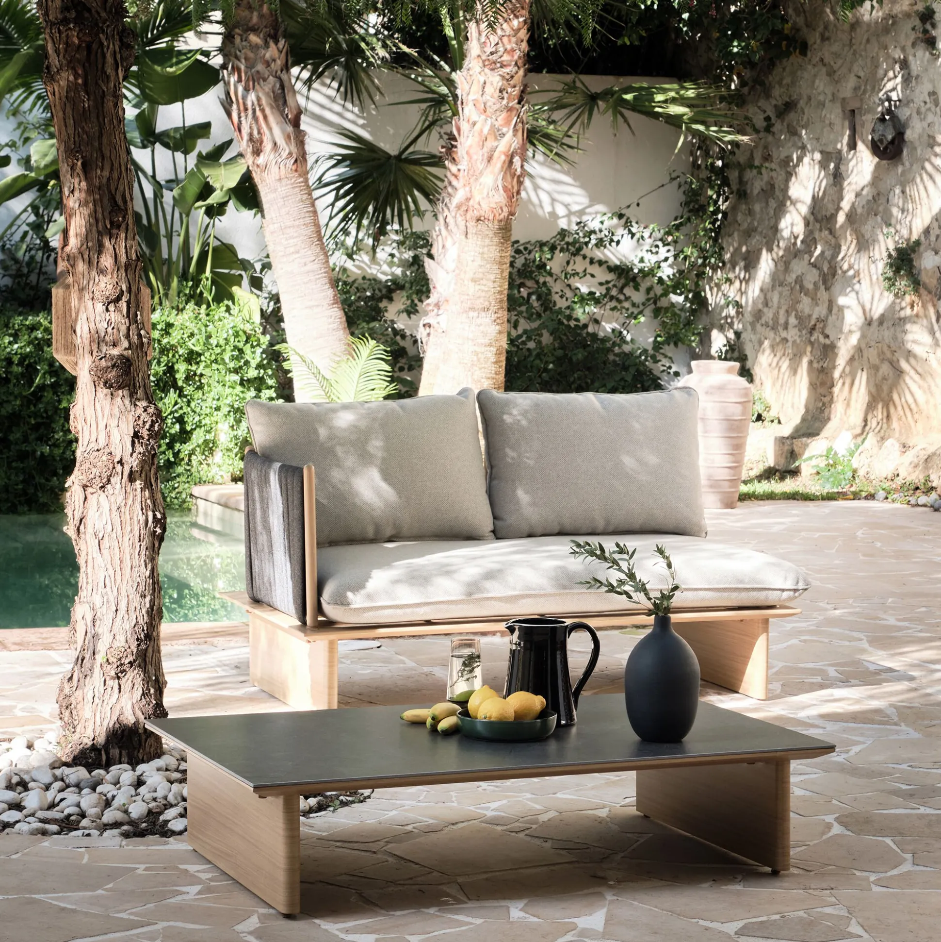 Table basse de jardin en aluminium effet bois et céramique - noir