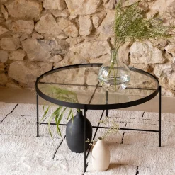 Table basse ronde en acier et verre trempé - noir D72,6xH40cm