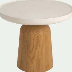 Table basse ronde en chêne et béton - blanc écru