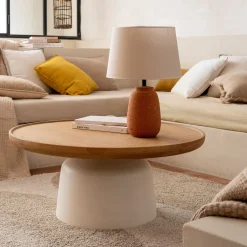 Table basse ronde en chêne et béton - naturel