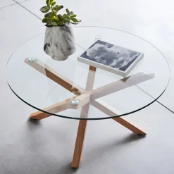 Table basse ronde en verre et piétement métal effet bois - transparent