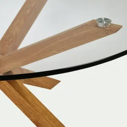 Table basse ronde en verre et piétement métal effet bois - transparent