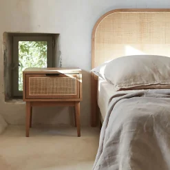 Table de chevet en bois et cannage 1 tiroir L45xl40xH50cm - bois clair