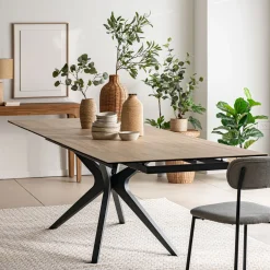 Table de repas rectangulaire extensible en céramique - bois clair (10 à 12 places)