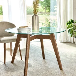 Table de repas ronde en verre trempé et chêne - bois clair (6 places)