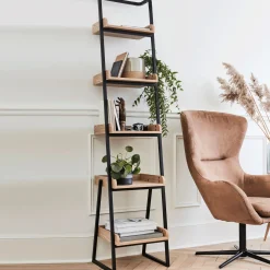 Étagère 5 tablettes plaquée frêne et métal noir L40cm - bois clair