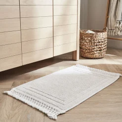 Tapis de bain en coton finition crochet et frangées 50x80cm - blanc écru