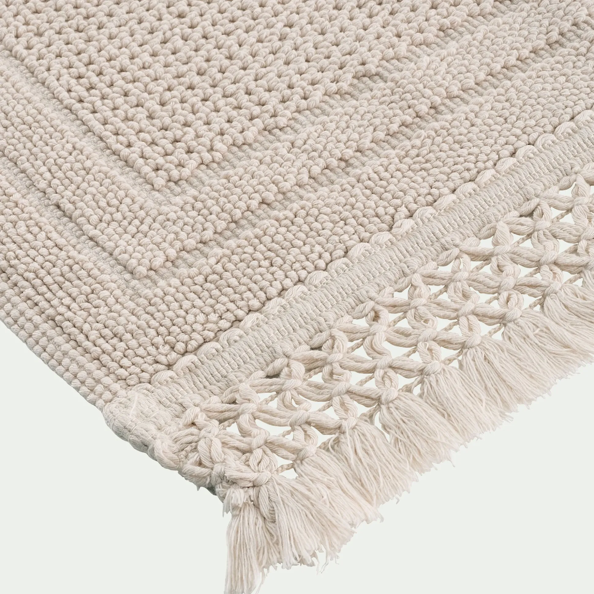 Tapis de bain en coton finition crochet et frangées 50x80cm - blanc écru