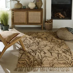 Tapis en jute à motif végétal finition franges 120x170cm - naturel