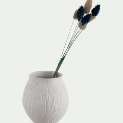 Vase boule en grès strié H10,5cm - blanc