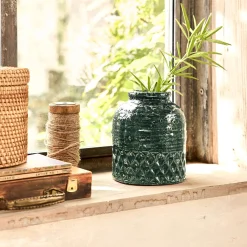 Vase texturé en grès D13,5xH16cm - vert