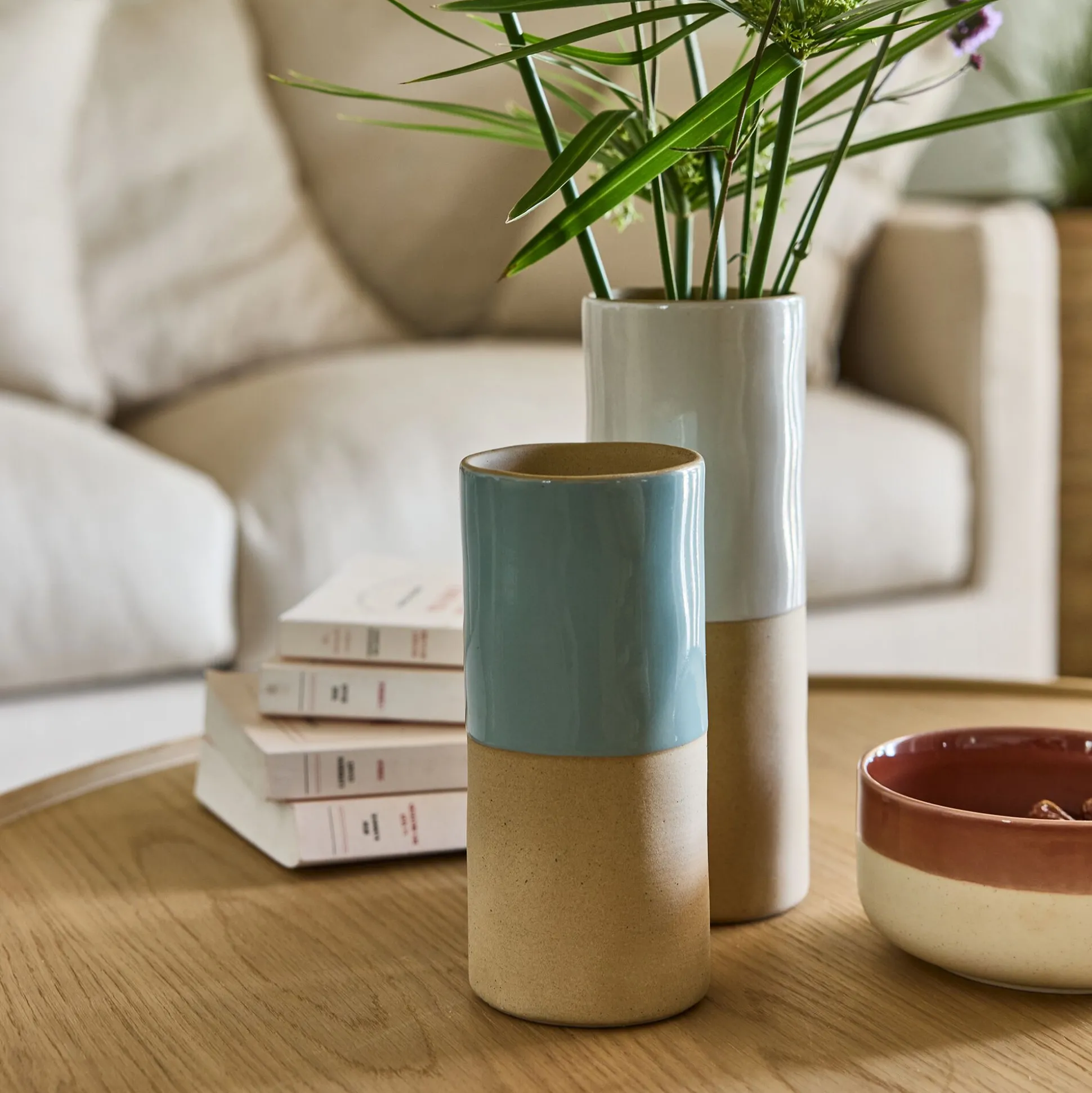 Vase tube bicolore en grès H20cm - bleu