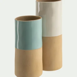 Vase tube bicolore en grès H20cm - bleu