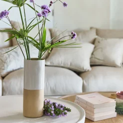 Vase tube bicolore en grès H25cm - blanc