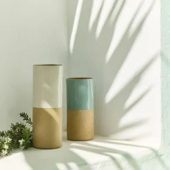 Vase tube bicolore en grès H25cm - blanc